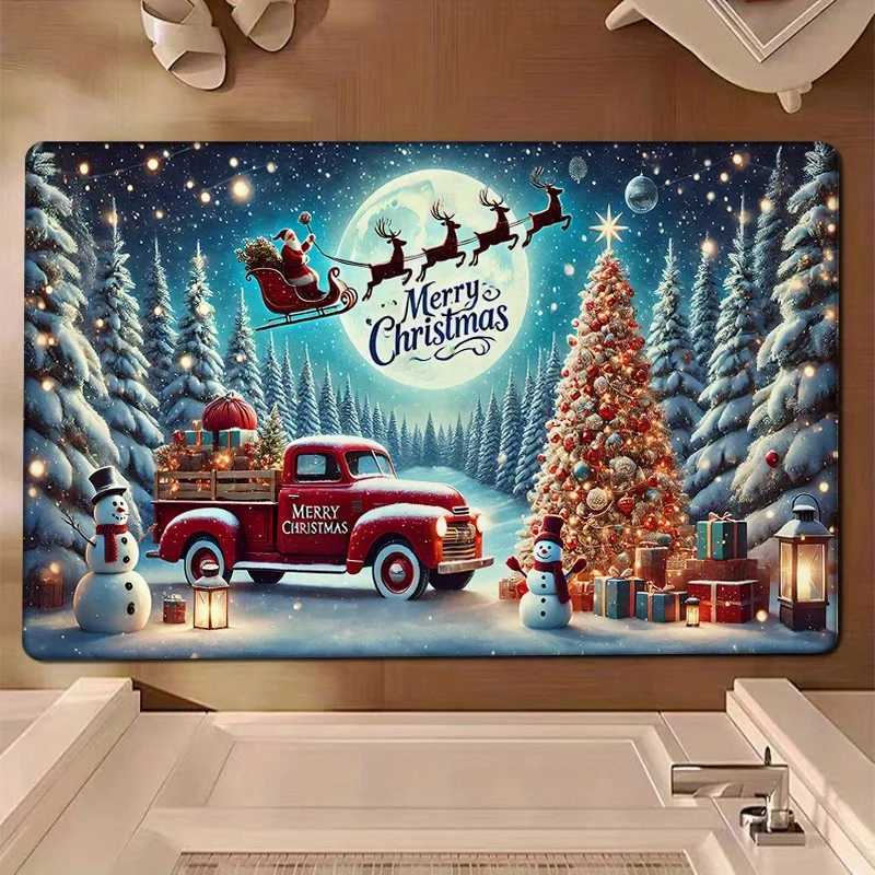 Open-1pc Winter Christmas Door Mat Flannel Thickness Winter Christmas Little Red Car Print Non-Slip Mat ComfortableM251117