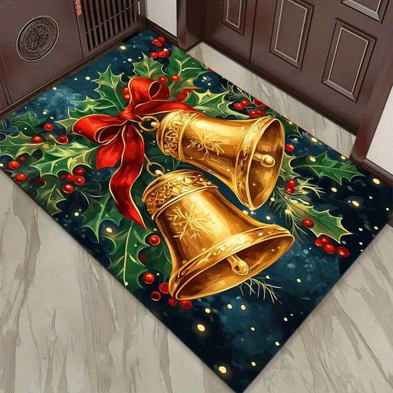 Christmas Bell Rug - Festive Gold Bells with Holly Berries for Holiday Dcor Winter Wonderland Carpets Skid resistant carpetM251117