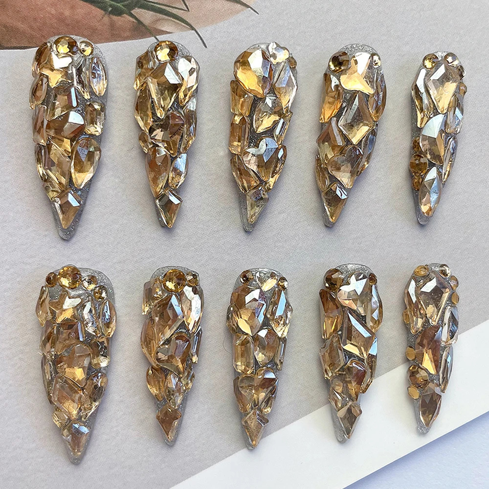 High quality gold fully sparkling diamond corner shaped handmade press used for nails sparkling rhinestones wearable fake nails 250415
