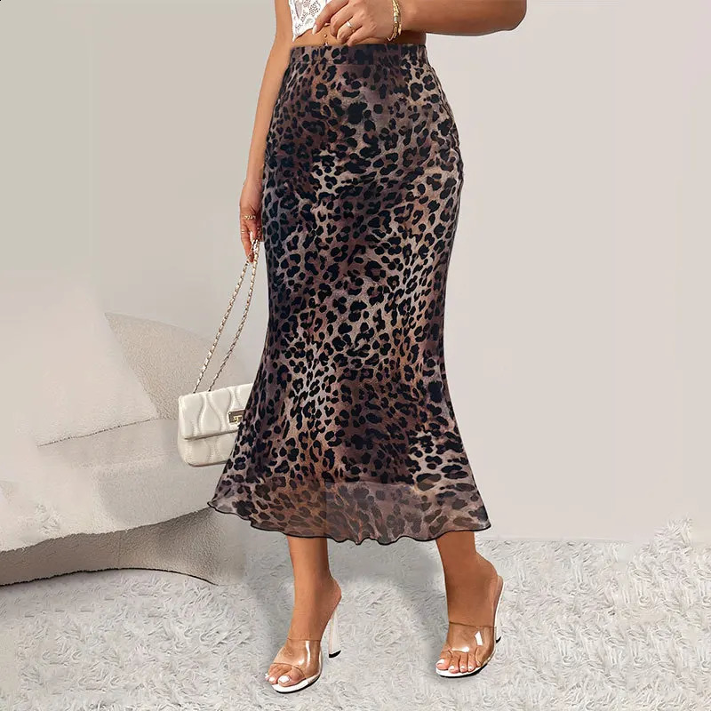 Sexy leopard print fishtail skirt for womens autumn 2024 dress with elastic mesh fabric 250415Z