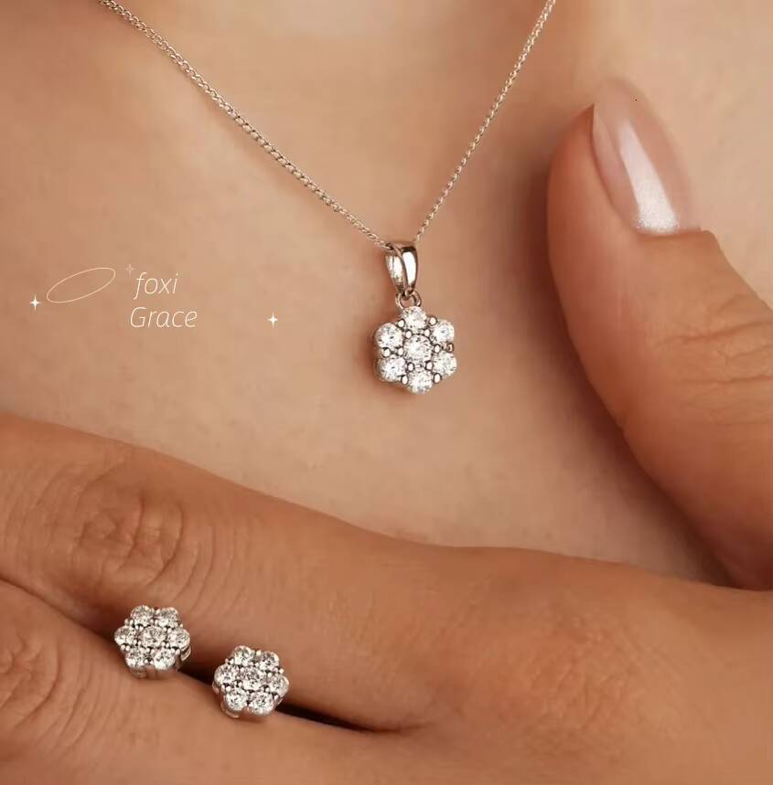 Luxury Bling Iced Out Cubic Zirconia Flower Pendant Hypoallergenic 925 Silver Jewelry Women Stud Earrings Necklace Sets