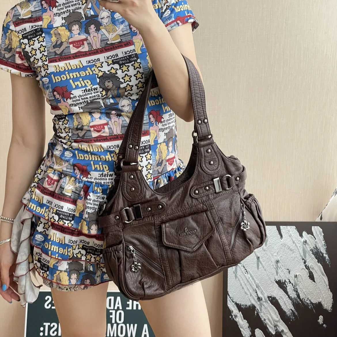 Vintage Y2K Hottie Motorcycle Tote Bag for Women Large Capaci Shoulder Bag Single Oulder Crossbody Handbag Purses and HandbagsW251117