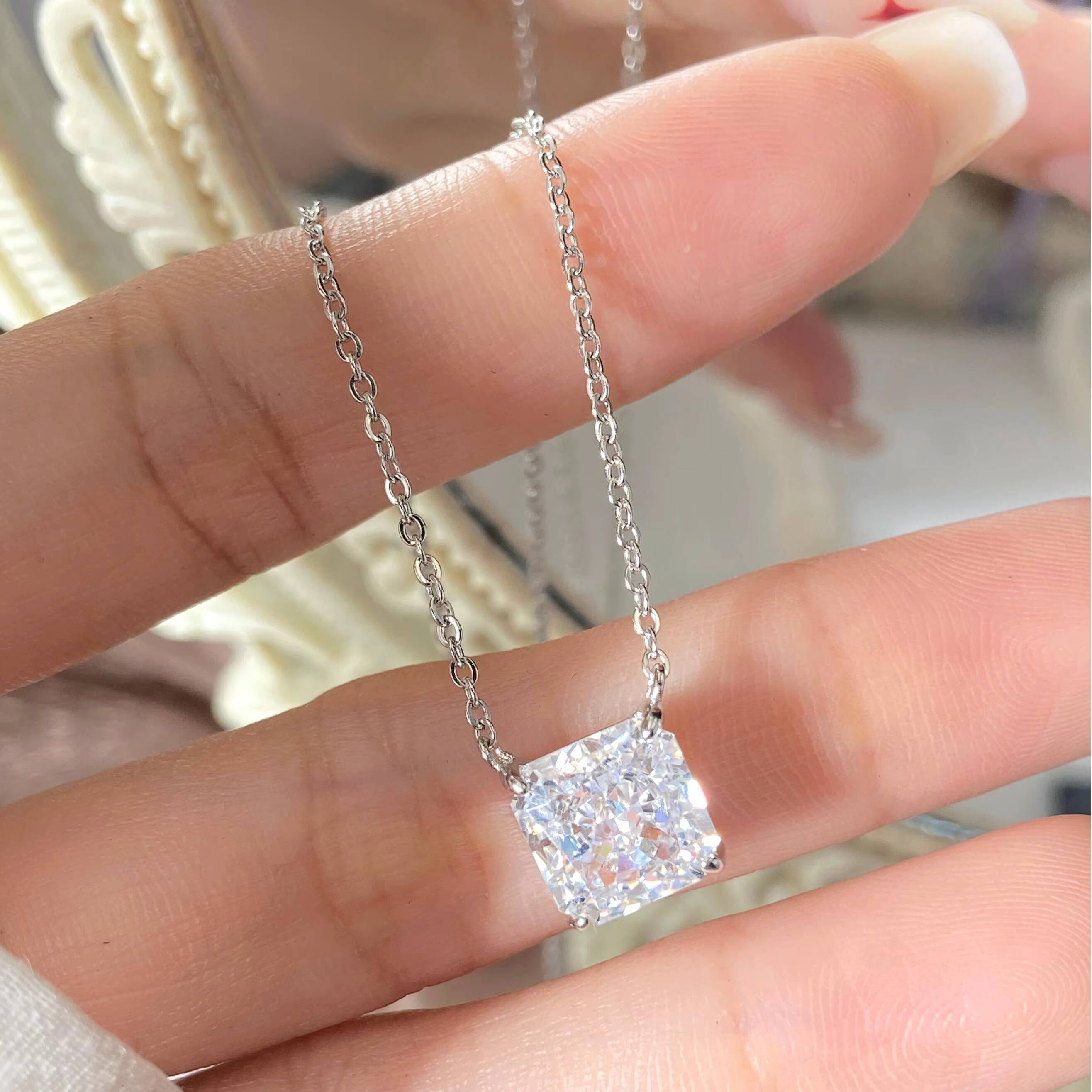FOXI Ready to Ship Solid 925 Silver Necklace 8A Ice Crushed Cut square Bling CZ 925 Sterling Silver Necklace for Women