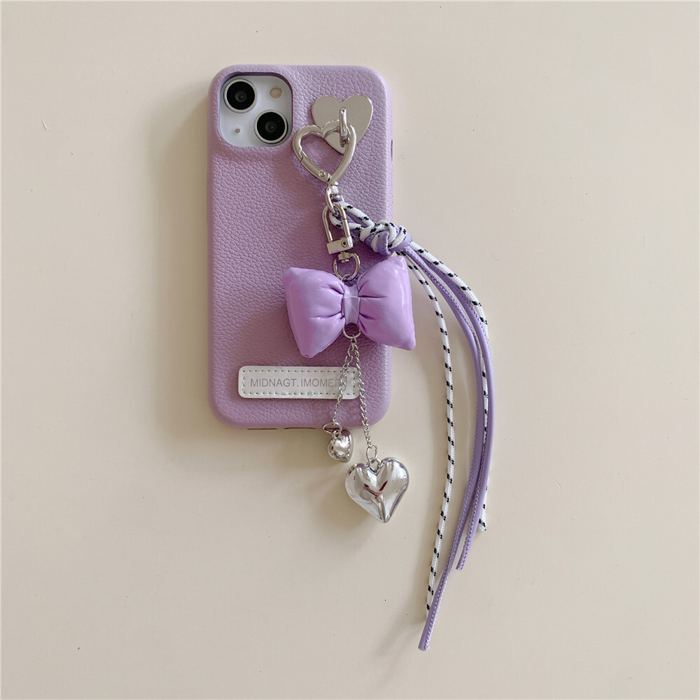 Butterfly Bow Heart Pendant Phone Case Compatible with iPhone 17/16 Pro Niche Solid Color Leather iPhone 15/14