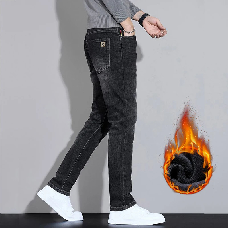 Mens Winter Fleece Thick Velvet Jeans Elastic Warm Slim Fit American Pants Comfortable Fashion Denim Simple Casual Trousers 251114