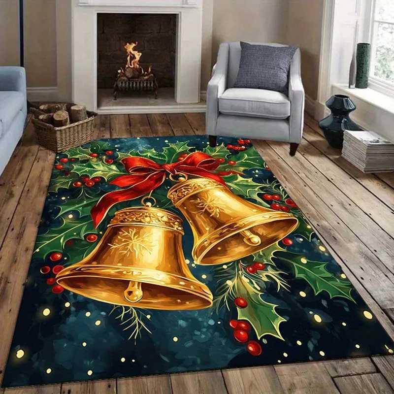 Christmas Bell Rug - Festive Gold Bells with Holly Berries for Holiday Dcor Winter Wonderland Carpets Skid resistant carpetM251117