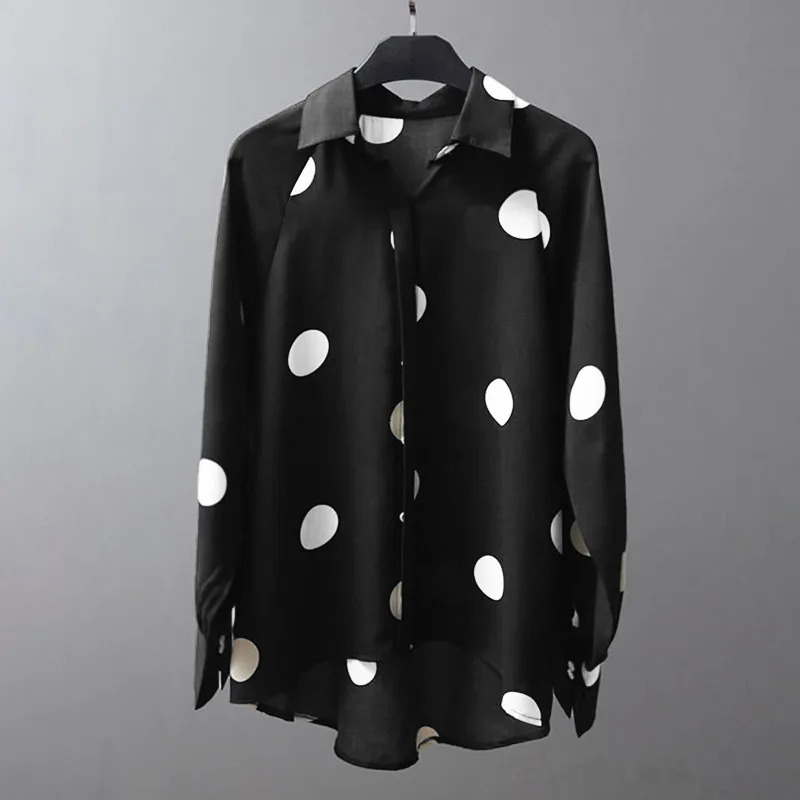 Fashion Polka Dot Shirt Women Elegant Long Sleeve Printed Blouse Vintage High Low Chemise Female Beach Lapel Button Blusas 250417