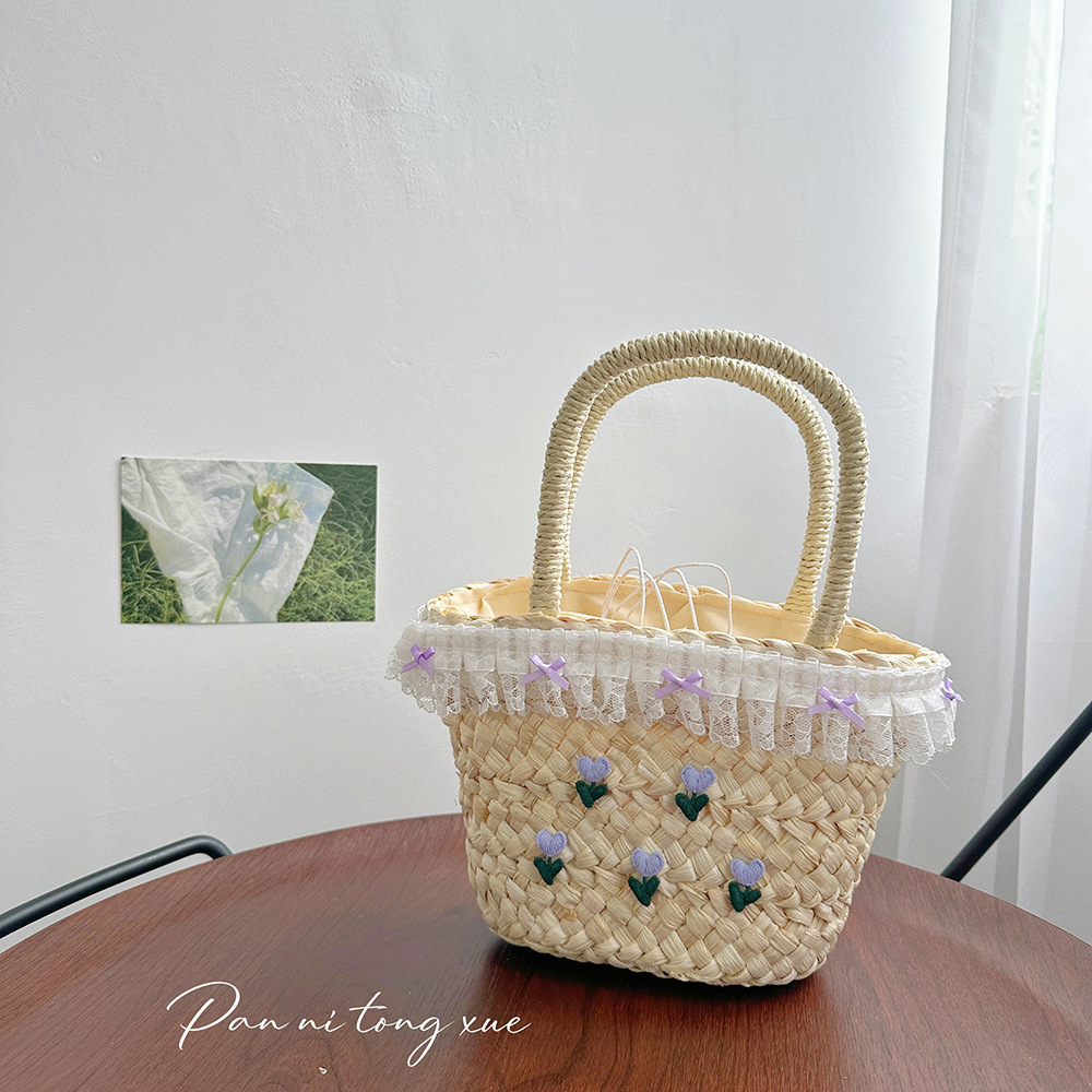 Lightweight Summer Straw Woven Bucket Bag with Sweet Bow Pendant for Women