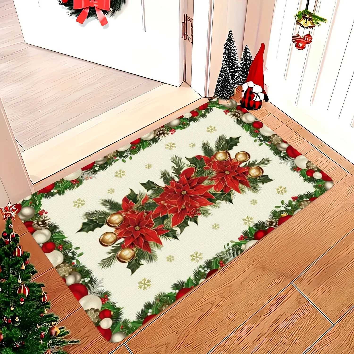 Christmas Poinsettia Holly Print Door Mat Winter Xmas Ball Snowflake Rug Bedroom Kitchen Non-slip Floor Mat Christmas DecorationM251117