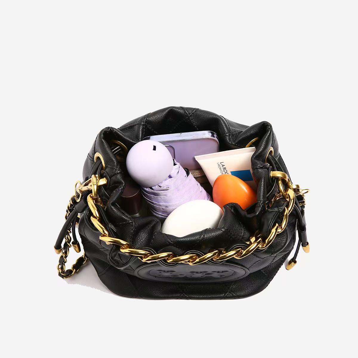 Bright Leather Printed Water Bucket Bag For Women 2025 New Trend Chain Handbag With Drawstring Shoulder Crossbody Bag