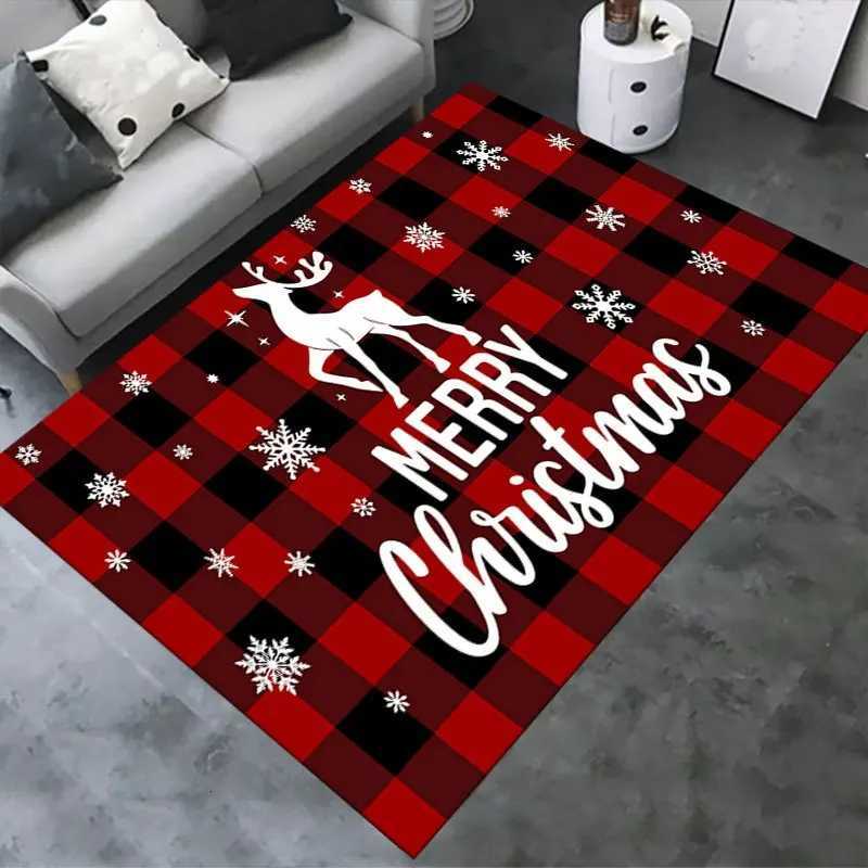 Christmas-Themed Area Rug - 1pc Non-Slip Polyester Floor Mat with Red and Black Plaid Snowflakes and Reindeer Patterns - DurabM251117