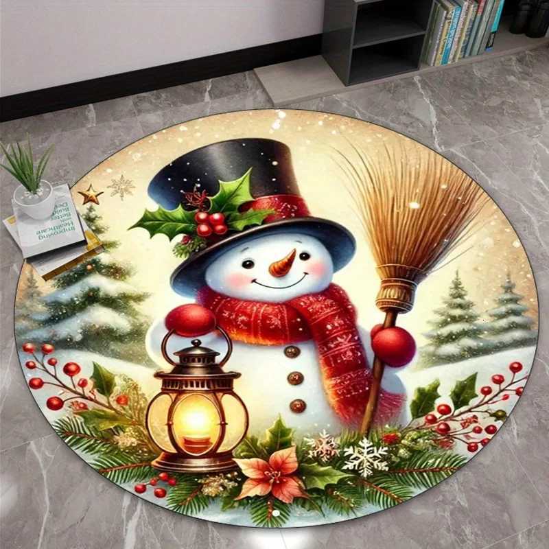 Round Crystal Velvet Rug Snowman Christmas Lantern Holiday Scene Festive Decor Round Rug Winter Wonderland Theme GiftM251117