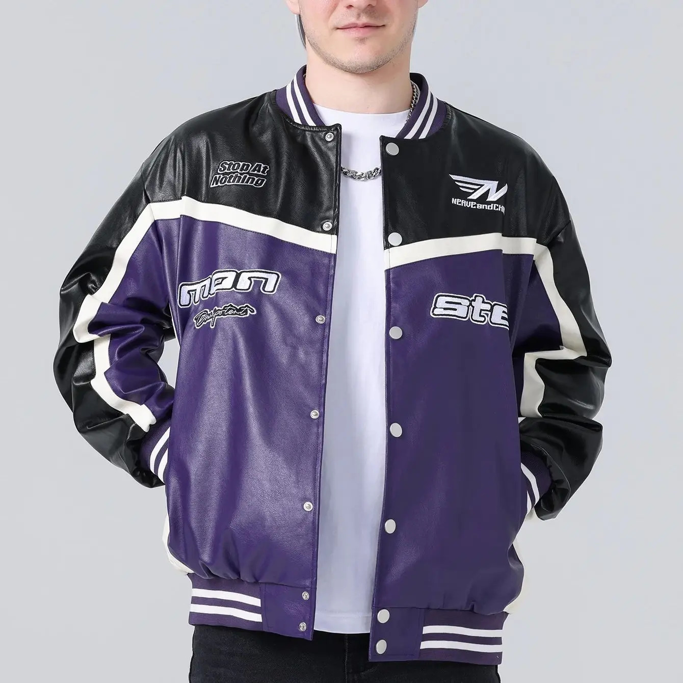 Mens PU Leather Jacket Motorcycle Bomber Jacket Letter Embroidery Coats Leather Vintage Racing Windbreaker Outerwear Streetwear 251114