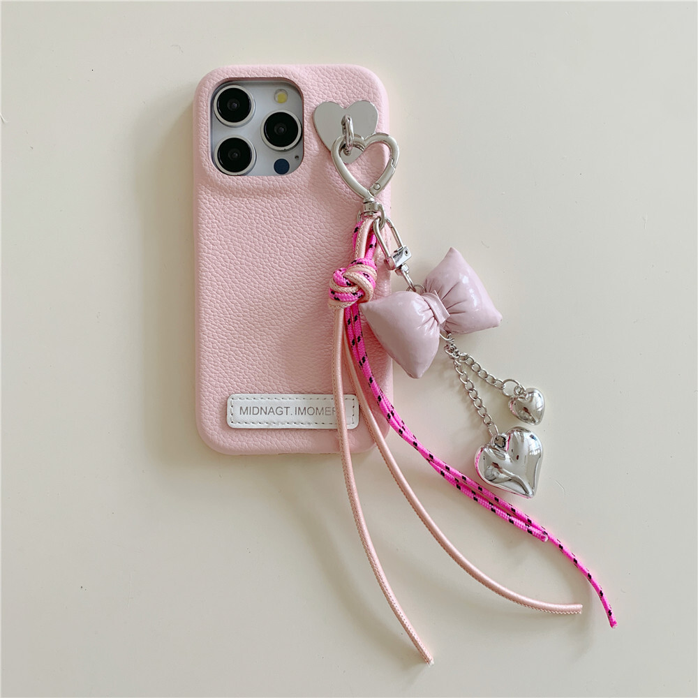 Butterfly Bow Heart Pendant Phone Case Compatible with iPhone 17/16 Pro Niche Solid Color Leather iPhone 15/14