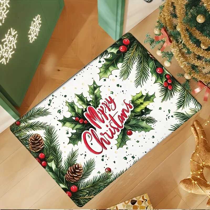 Merry Christmas Holly Print Flannel Doormat Thick Soft Machine Washable Non-Slip Rug for Kitchen Living Room Holiday DecorM251117