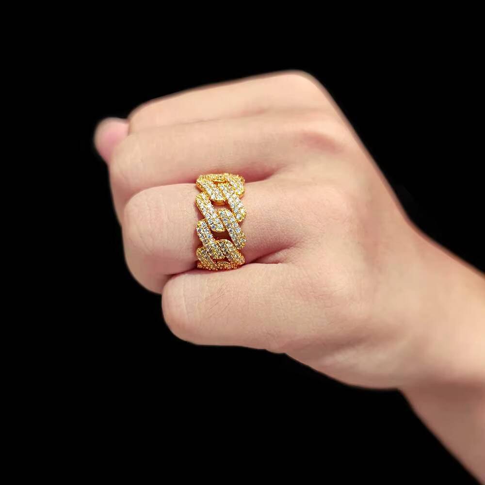 Moissanite Trendy Hip Hop Men Gold Diamond Ring Gold Plated Bling Cubic Zircon Iced Out Cuban Chain Rings