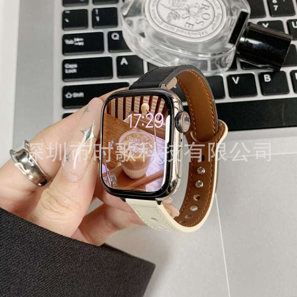 Suitable For Apple Watch Ultra Fine Double Nail Color Blocked Genuine Cowhide Small Waist Applewatch10 Strap