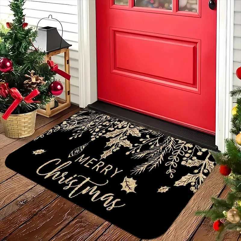 Merry Christmas Black Gold Leaf Welcome Floor Mat-Machine Washable Flannel Material Suitable For Living Room Bedroom BathroomM251117