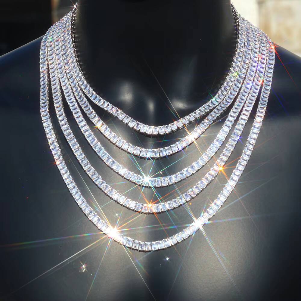 Laboratory cultivation of Moissanite Silver Plated Tennis Chain Necklace for Women 6mm Baguette Zircon Stones Hip Hop Fine Jewelry Tennis Chains