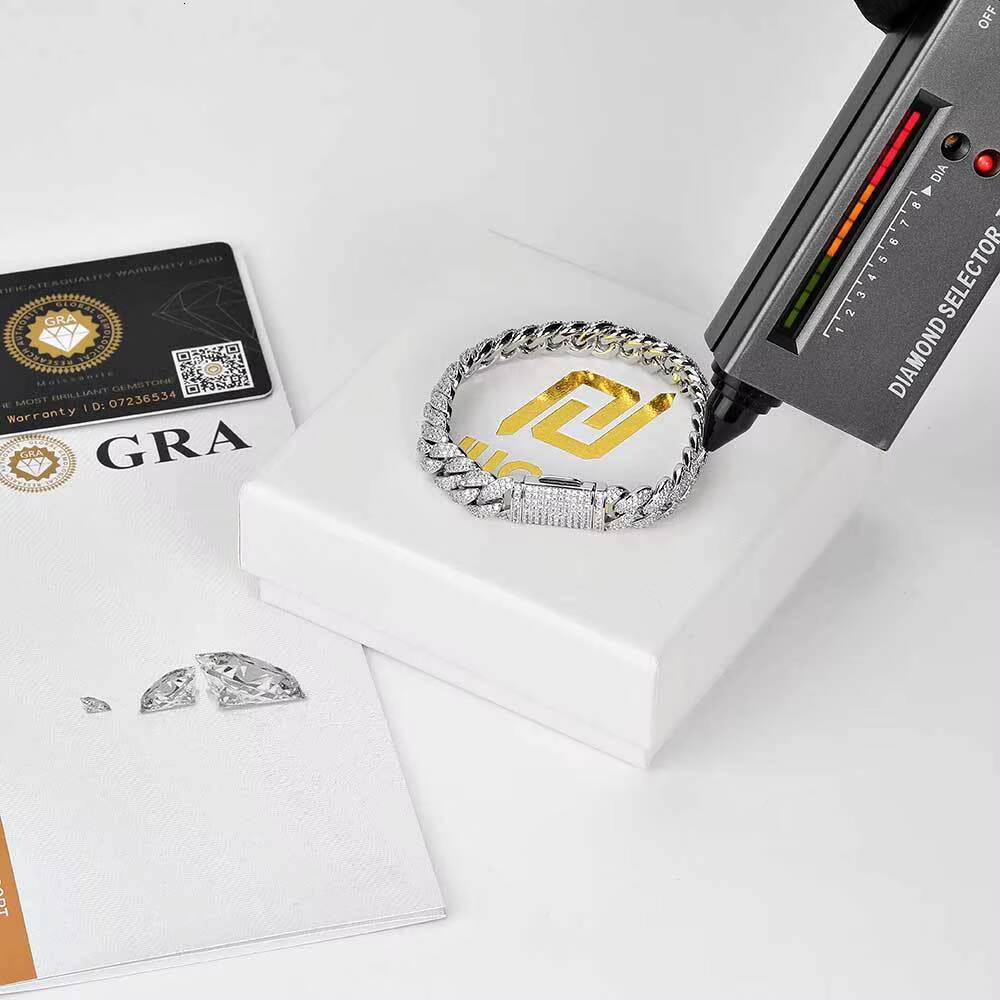 Hip Hop Brand Men Bracelet 925 Silver 10mm Double Row Moissanite Diamond Cuban Bangles