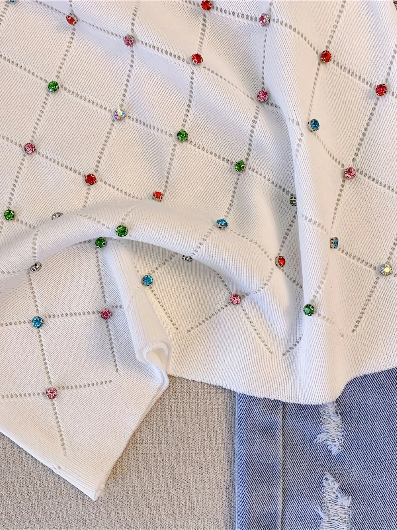 Colorful Rhinestone Knitted Tank Top Casual Crew Neck Sleeveless Tank Top For Summer Womens Clothing Crop Top Camis 250417