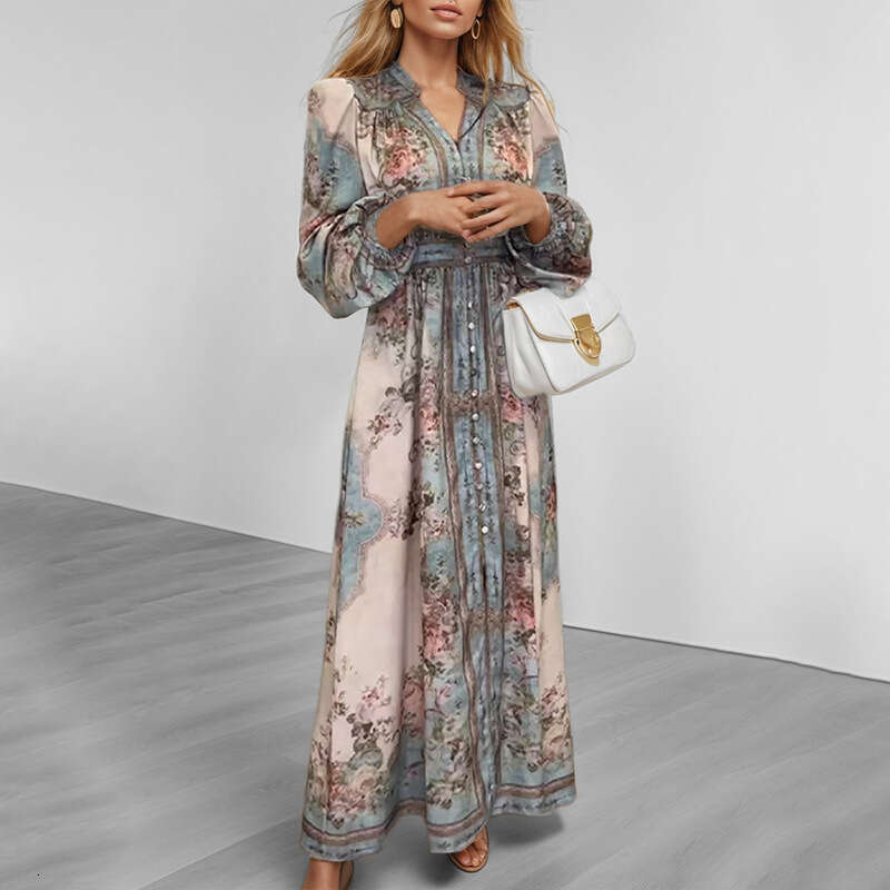 Dress Women Designer Luxury 2025 Women's New Elegant V-Neck Fashion Printed Long Sleeve Dress