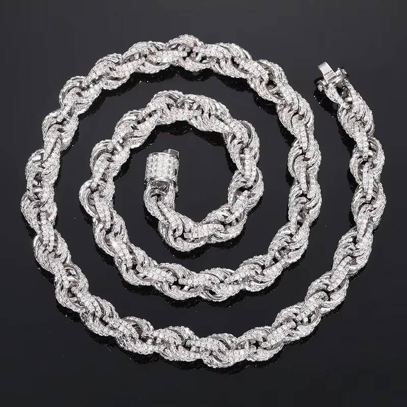 Luxury 8mm 12mm Moissanite Setting Rope Chain 925 Sterling Silver Chain Hiphop Iced Out Silver Twist Chain
