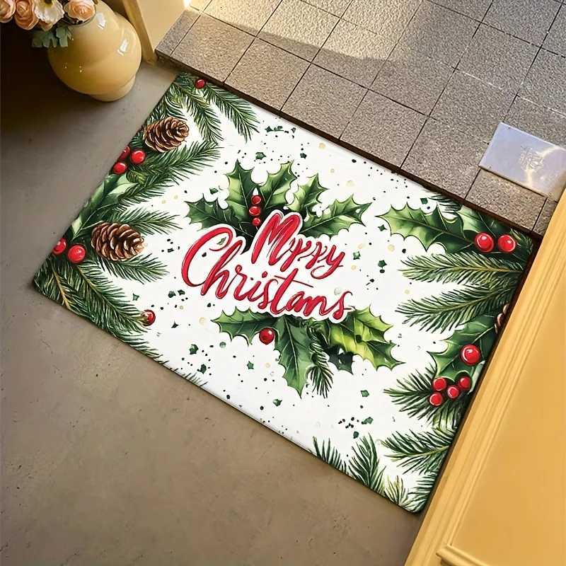 Merry Christmas Holly Print Flannel Doormat Thick Soft Machine Washable Non-Slip Rug for Kitchen Living Room Holiday DecorM251117