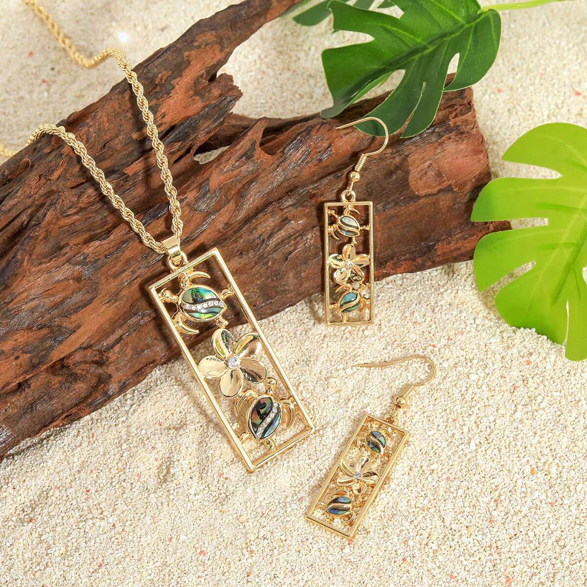 Hawaiian Samoa Bohemian style jewelry turtle design rectangular pendant necklace earring set for women