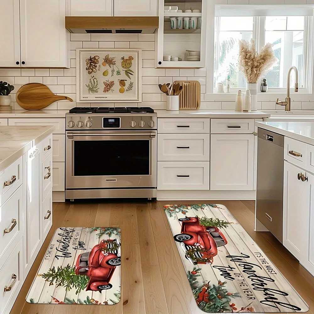 Merry Christmas Snow Resistant Kitchen Mat Polyester Machine Washable Holiday Rug for Kitchen Corridor Bathroom Party DecorM251117