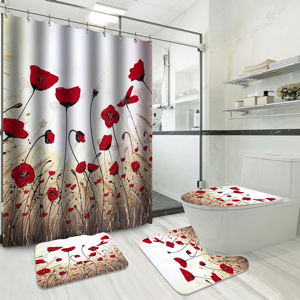 YL-37722 Hot Selling Shower Curtain 4-Piece Set, Green Plant Series, Waterproof and Mildew-Proof Shower Curtain, No Drilling Required