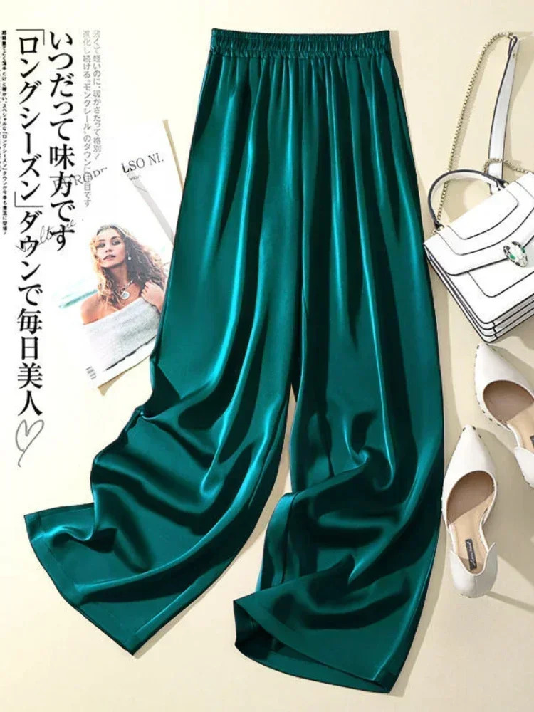 Ice Silk Wide-leg Pants Woman Summer Elastic Waist Satin Straight Trousers Solid Casual LOOSE Acetate Womens Pants 250415
