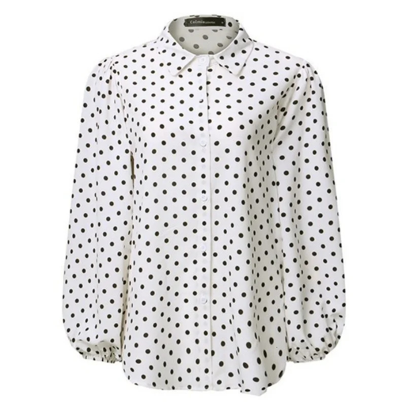 Vintage Polka Dot Lantern Sleeve Women Shirt Fashion Long Sleeve Casual Blouses Office Lady Elegant Tops 250417