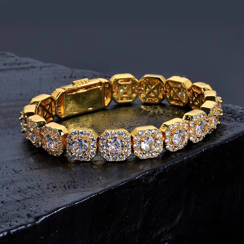 Moissanite Iced Out Zircon Bracelet Gold Plated 10/12mm Clustered Tennis Chain Women Hip Hop Bling Jewelry