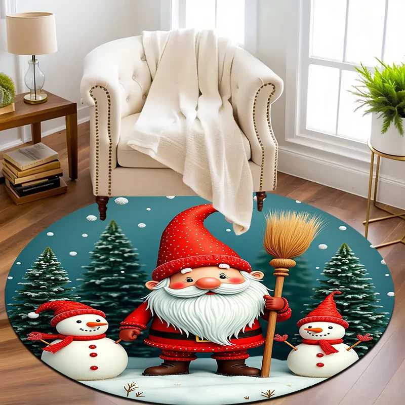1pc Christmas Mat with Santa Snowmen - Non-Slip Round Mat Turquoise Winter Mat for /Outdoor Use Machine Washable Soft DecorM251117