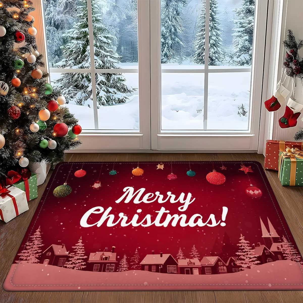 Christmas Doormat Carpet Heavy-Duty Absorbent Non-Slip Mat with Merry Christmas Text Machine Washable for Front Door DecorM251117