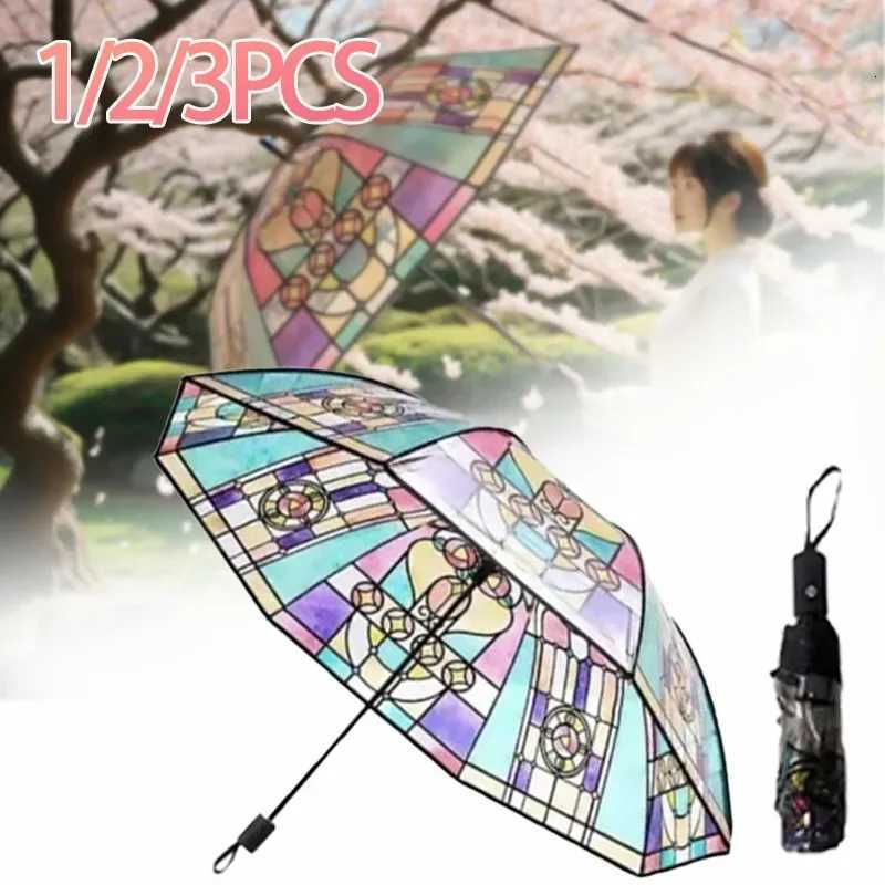 Hand-Painted Transparent Umbrellas Stained Glass Print Long Handle Romantic Unisex Rain Sun Protection Parasol C251117