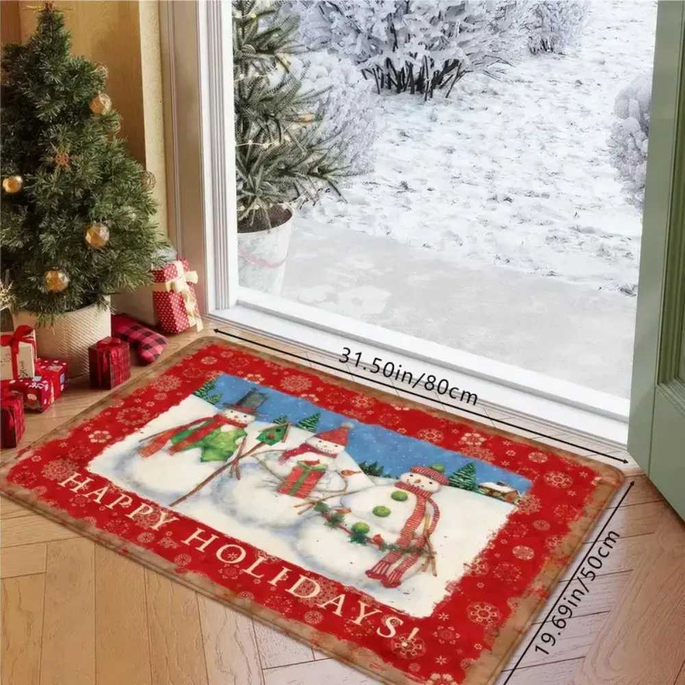 1 Pc Snowman Christmas Decorative Floor Mat with Happy Holidays Red and White Snowman Pine and Holly Berry Border Non-SlipM251117
