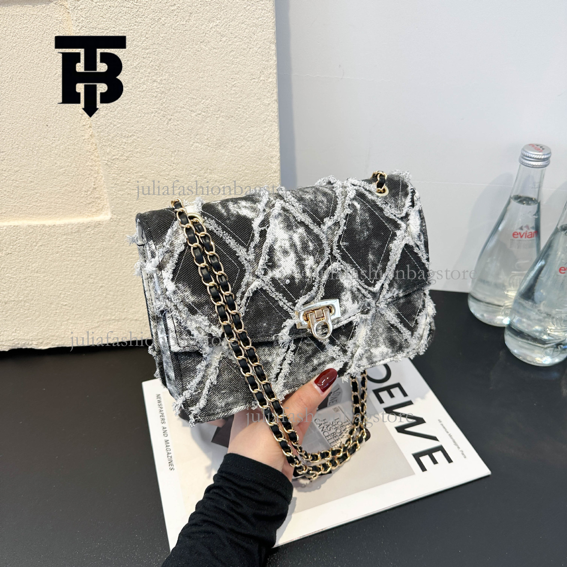 TB BHULAMTE Designer Denim Tassel Women's Shoulder Bag New Tie Dyed Canvas Casual Commuting Handbag Versatile Large Capacity New Phone Bag Chain 