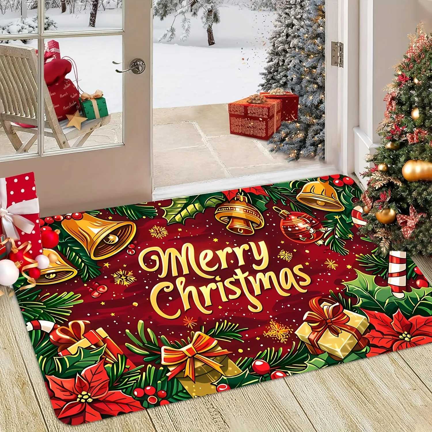 Christmas Cheer Extra Large Doormat with Bells and Flowers - Indoor/Outdoor Welcome Mat for Home Decor Farmhouse Style Thick FM251117