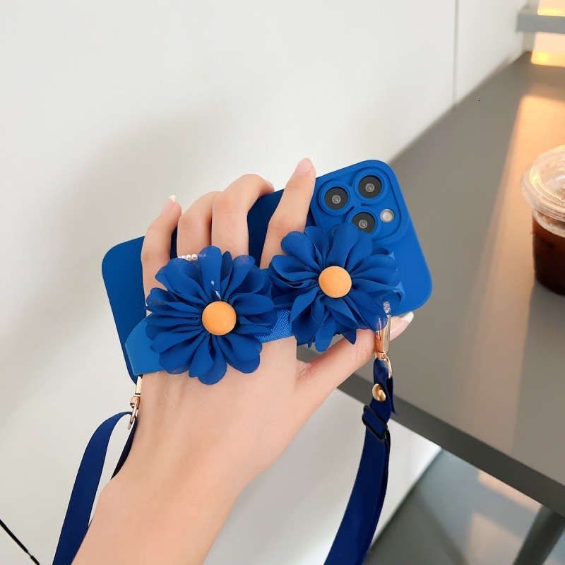 Klein Blue Daisy Phone Case Compatible with iPhone 17 Pro Wrist Strap Crossbody Protective Case iPhone 16/15 11 Soft