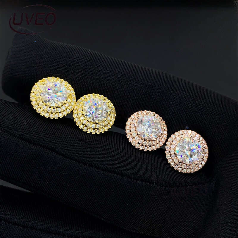 Jewelry VVS Iced Out 925 Sterling Silver Gold Earrings Studs Hiphop Pass Diamond Tester Round Cut Fashion Couple Mens Gift