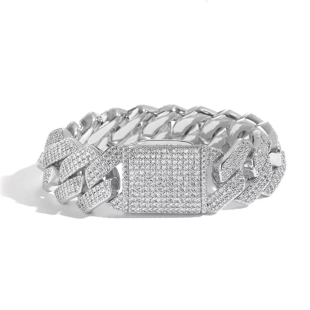 Style Men S925 Silver Moissanite HipHop Bracelet 20mm Three-Row Diamond Rhombus Cuban Chain Fine Chain Link