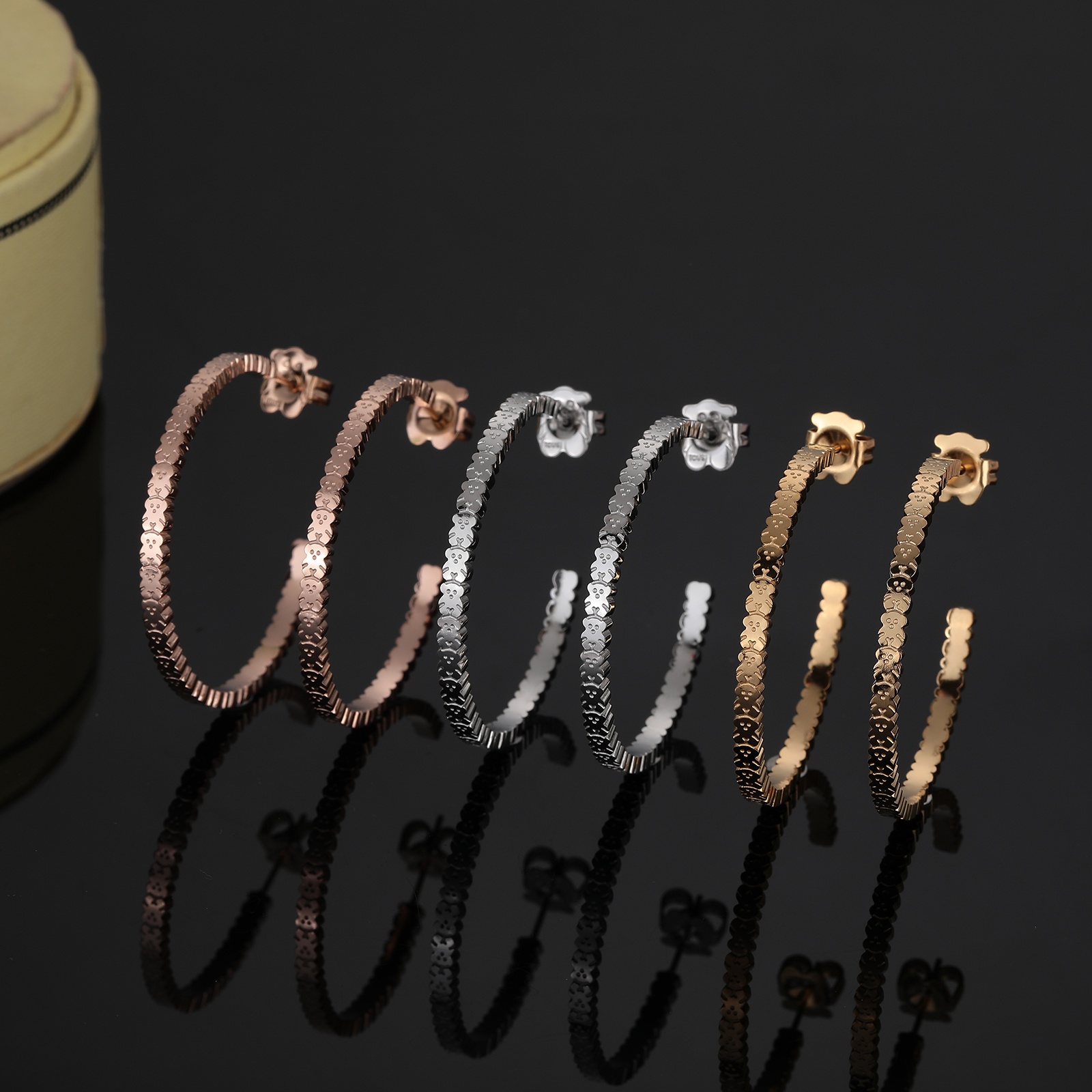 Hot Fashion Women Men Bear Silver Rose Gold Stainless Steel Moon Black Glass Cartoon Animal Span Hoop Earrings Jewelry