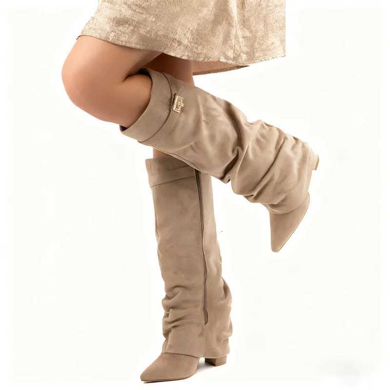 Autumn And Winter Wens Fion Metal Buckle Knee High Boots Pointed Toe High Quality Keep Warm Ladies Sexy Mid Top Boots Y251117