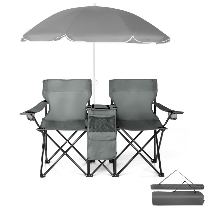 2-Seat Folding Chair Outdoor Portable Grey with Removable Sun Umbrella Space Saving