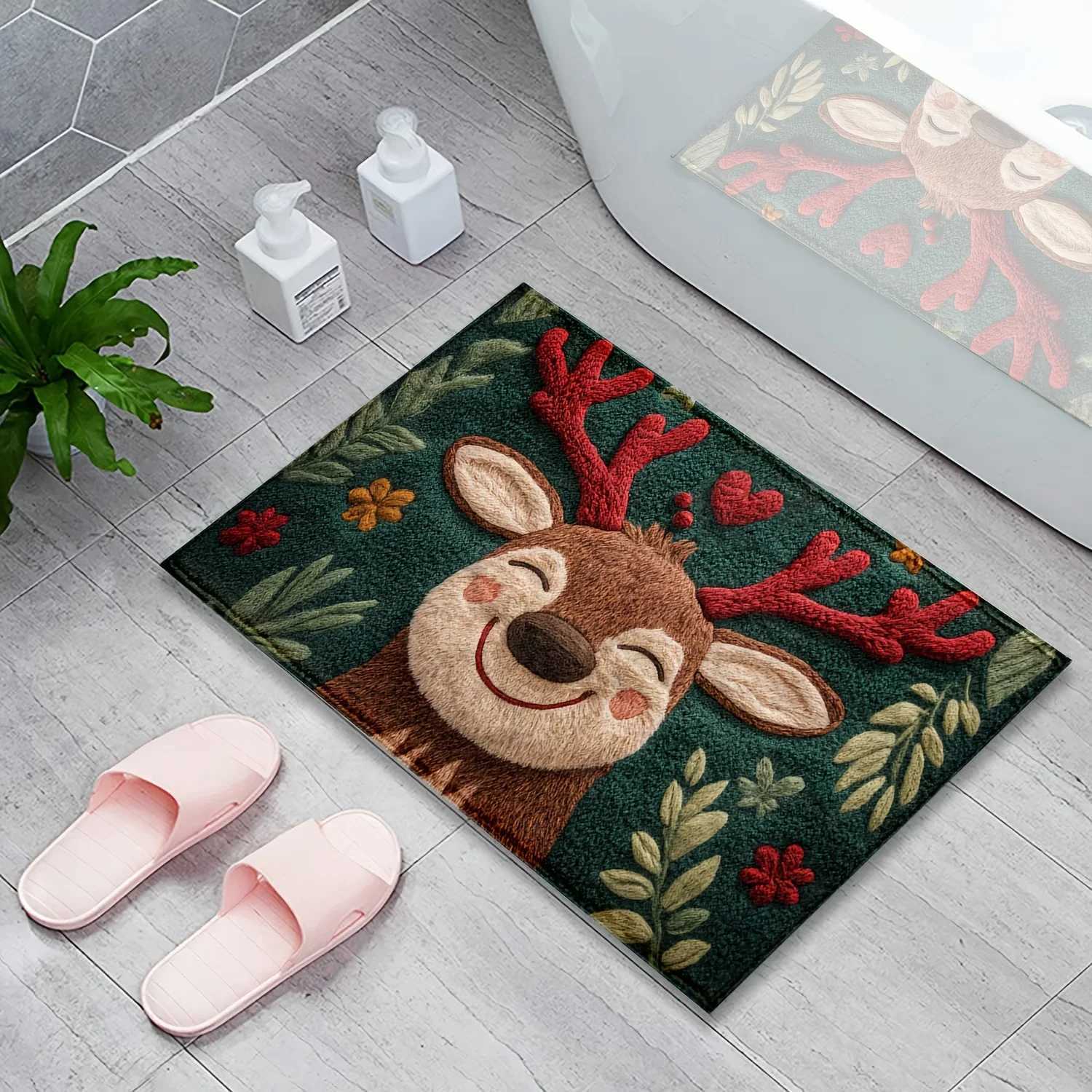 1PCS Fluffy Christmas Deer Microfiber Bath Mat - Quick-Dry Absorbent Festive Holiday Design with Red Berries Green LeavesM251117