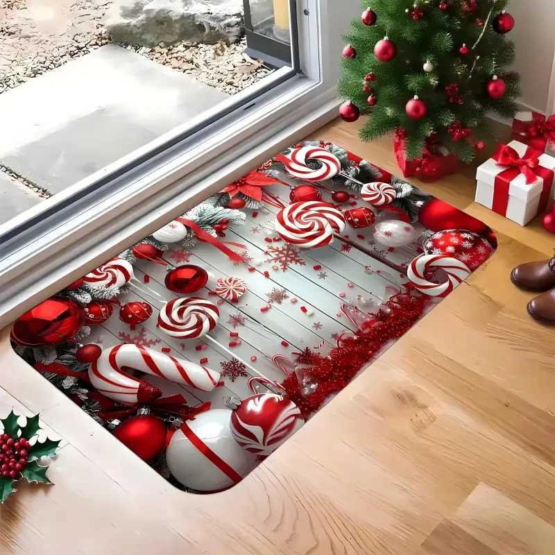 Red And White Candy Crutches With Gingerbread Christmas Doormat Soft Plush Front Door Kitchen Living Room Holiday Home RugM251117