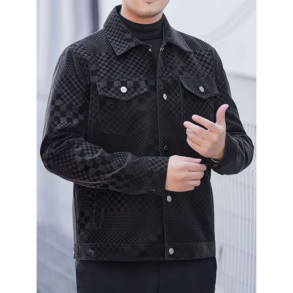 Men's Coat Polyester Men's Checkered PU Coat Jacket - Black Brown Houndstooth Pattern, Lapel Collar, Single-Breasted Button Front With Chest