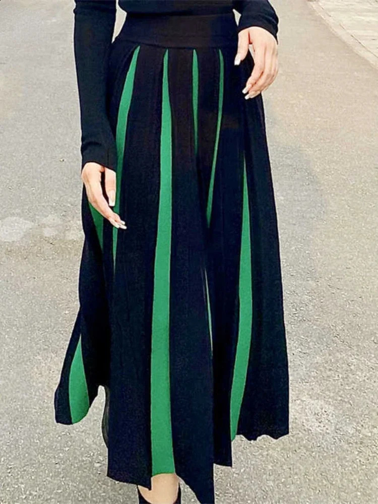 Autumn and Winter Knitted Leather Womens High Waist Green Thick Folded Contrastive Color Retro Fashion Faldas 250415Z